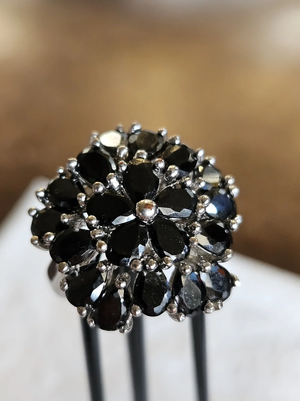 Silver Black Crystal Floral Cluster Ring